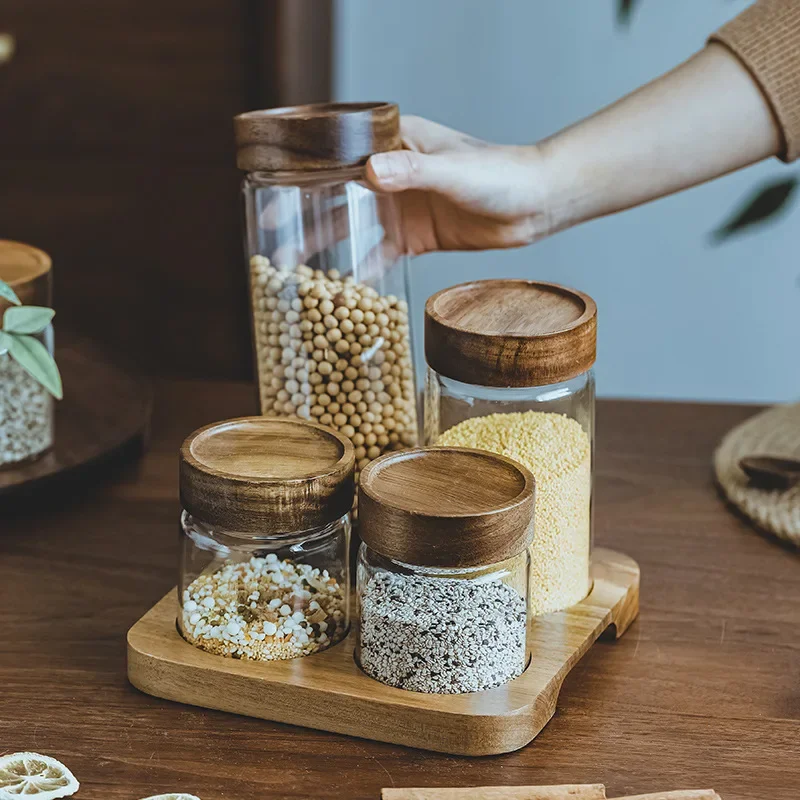 Food Storage Glass Containers - Wood Lid Orgnizer Glass Airtight Canister